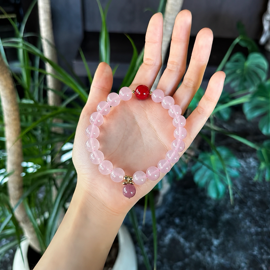 Rose Quartz Beaded Bracelet with Peach Charm | Natural Crystal Jewelry | Soft Pink Boho Style