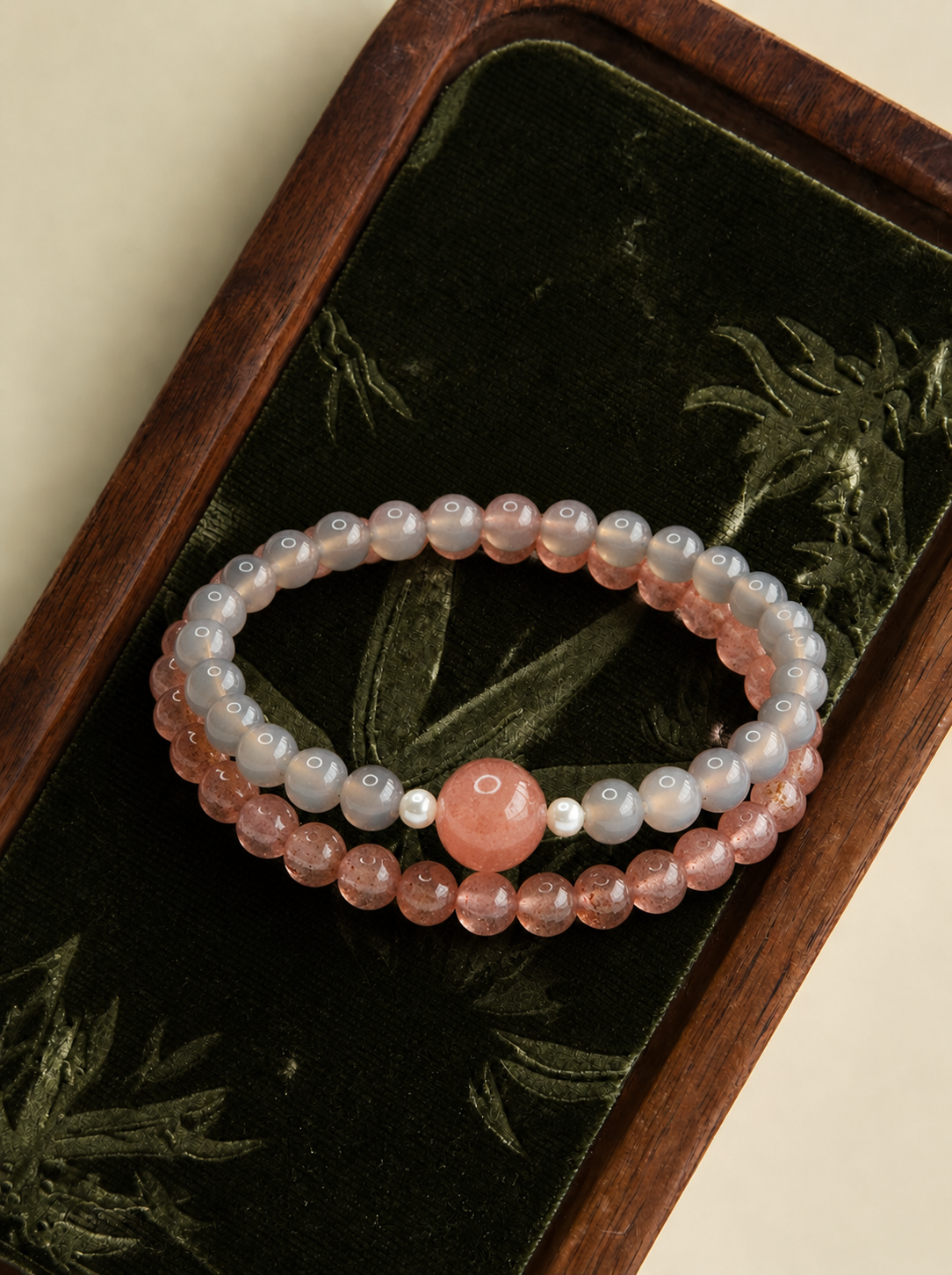 Strawberry Quartz & Gray Agate Double-Wrap Bracelet | Natural Crystal Jewelry | Soft Pink Boho Style
