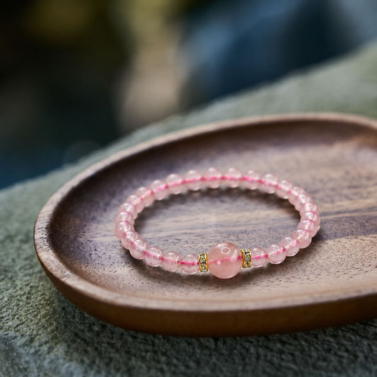 Natural Strawberry Quartz Beaded Bracelet | Pink Crystal Jewelry | Soft Love Energy