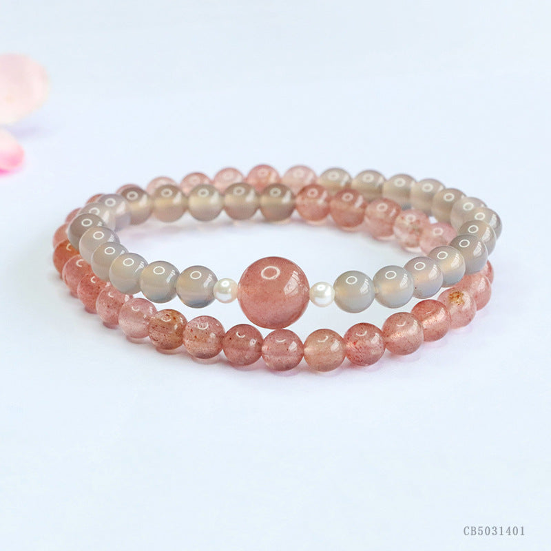 Strawberry Quartz & Gray Agate Double-Wrap Bracelet | Natural Crystal Jewelry | Soft Pink Boho Style