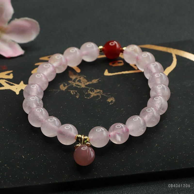 Rose Quartz Beaded Bracelet with Peach Charm | Natural Crystal Jewelry | Soft Pink Boho Style