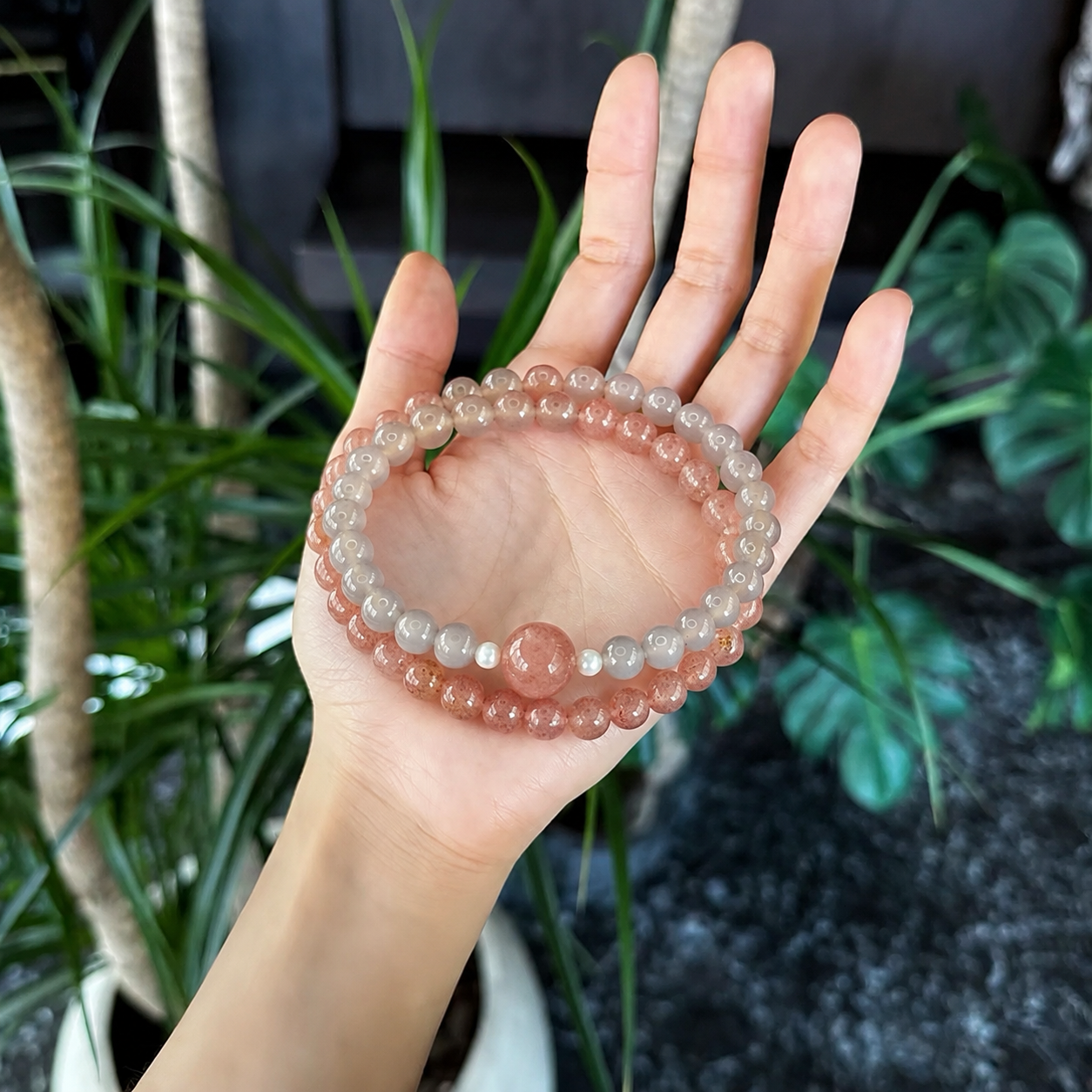 Strawberry Quartz & Gray Agate Double-Wrap Bracelet | Natural Crystal Jewelry | Soft Pink Boho Style