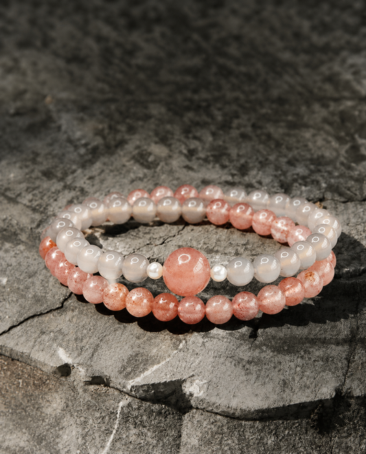 Strawberry Quartz & Gray Agate Double-Wrap Bracelet | Natural Crystal Jewelry | Soft Pink Boho Style