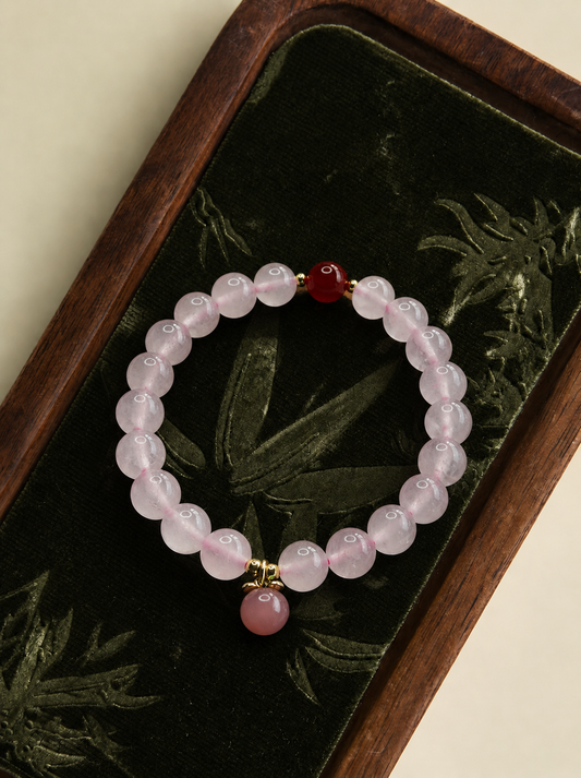Rose Quartz Beaded Bracelet with Peach Charm | Natural Crystal Jewelry | Soft Pink Boho Style